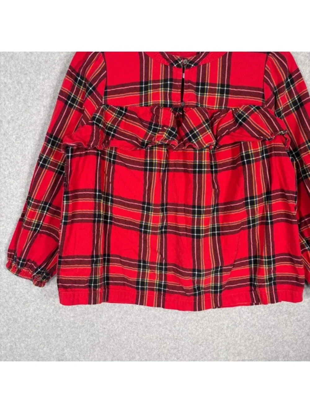 J Crew Tartan Plaid Flannel Ruffle Blouse Small Red Popover Festive Twee Country